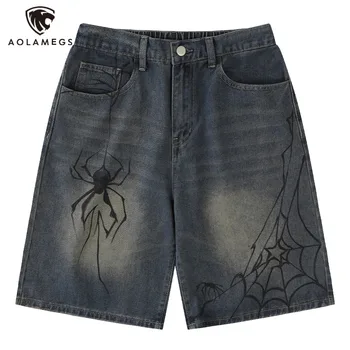 Уличная одежда, выстиранные джинсовые шорты для мужчин, пятиточечные брюки с графическим принтом в виде паука, модные повседневные джинсовые шорты с эластичной талией.