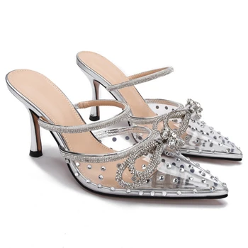Брендовые дизайнерские босоножки на тонком высоком каблуке с украшением в виде кристаллов, женская обувь с узлом-бабочкой, Прозрачные тапочки из ПВХ, разноцветные сандалии