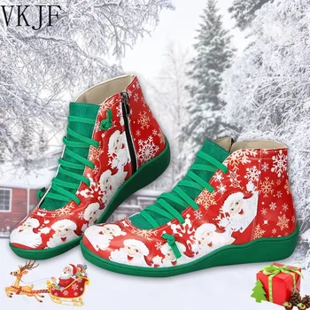 Женские зимние ботинки, ботильоны из натуральной кожи, весенняя обувь на плоской подошве с 3D принтом, рождественские ботинки на плоской подошве в тон, молния сбоку