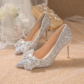 Серебряные туфли на высоком каблуке, Женские свадебные туфли, Туфли на каблуках для невесты, Роскошные Туфли на высоком каблуке с бантом, Zapatos Mujer