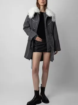 Женское пальто с меховым воротником, повседневная куртка с разрезом сзади, осень 2023 г.