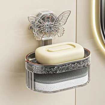 Креативная мыльница с присоской-бабочкой, настенная Водонепроницаемая Герметичная Стильная полка для хранения мыла в ванной Без перфорации
