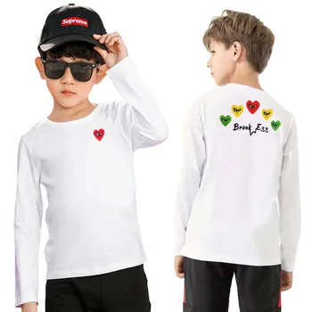 Детская футболка с круглым вырезом и длинным рукавом, вышивка с изображением сердца, Цветная печать на спине, хлопковые осенние повседневные футболки для мальчиков и девочек