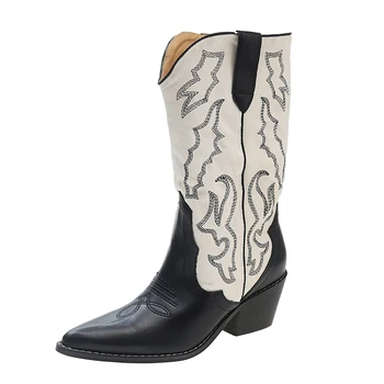 Ковбойские сапоги на толстом каблуке в западном стиле, Женские вышитые пуанты, Черные кожаные ботинки разных цветов, зимние дизайнерские ботинки