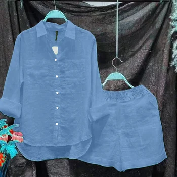 Женский комплект из двух предметов Летние шорты Костюм Y2k Топ Рубашка с длинным рукавом на пуговицах для бега трусцой с высокой талией Женская повседневная одежда официальное платье