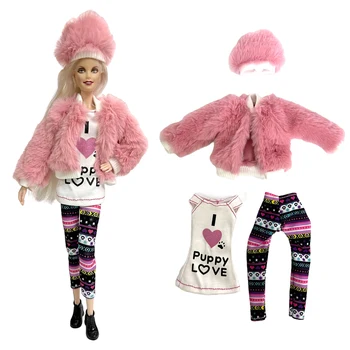 NK 4 Предмета/Комплект Модная Розовая Шуба + Милая Рубашка + Повседневные Брюки + Шляпа Современная Одежда для Куклы Барби Аксессуары Игрушки