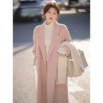 Высококачественное двустороннее кашемировое пальто для женщин 2023, весна и осень, Новая корейская версия, свободное шерстяное пальто средней длины от Хепберн