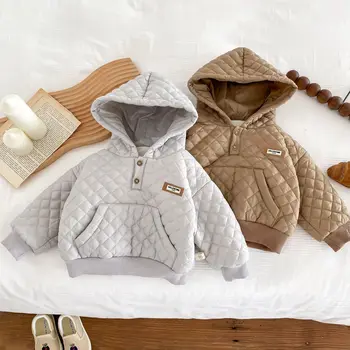 Детская плюшевая и толстая хлопчатобумажная куртка зимняя однотонная куртка с капюшоном для мальчиков, теплая одежда для малышей