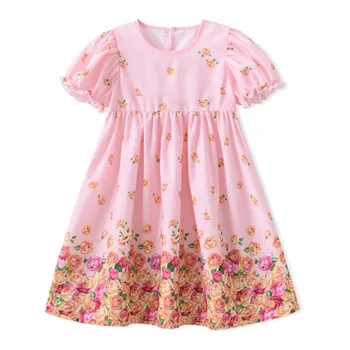 Новое модное платье с цветочным принтом для девочек, милая пышная юбка принцессы с короткими рукавами, детская одежда