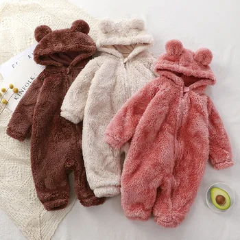 Одежда для новорожденных Мальчиков и девочек, Осенне-зимний Теплый флисовый комбинезон с капюшоном и медведем, Комбинезон для малышей, Боди, Наряды