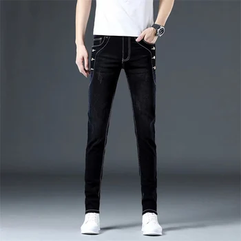 Модные мужские обтягивающие джинсы-стрейч, черные, синие, серые обтягивающие джинсовые брюки-карандаш, Новый дизайн, облегающие эластичные повседневные джинсовые брюки