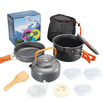 Набор посуды для кемпинга С кастрюлями, Губкой для чистки чайника, Чайником, Портативным оборудованием для пикника на природе, для приготовления пищи в дикой природе