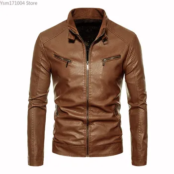 Зимняя мужская кожаная куртка, однотонная облегающая куртка из искусственной кожи на молнии, высококачественная повседневная модная уличная одежда, пальто, мужская зимняя