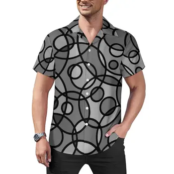 Черно-серая повседневная рубашка с геометрическим рисунком, Пляжная свободная рубашка с круговым принтом, Гавайские эстетичные блузки с короткими рукавами, Дизайнерская одежда