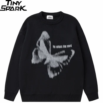 2023 Мужская уличная одежда Вязаный свитер с бабочкой Графический Свитер Хип-хоп Пуловер Свободный свитер Harajuku Мягкая одежда унисекс Y2K