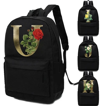 2023 Модный уличный рюкзак в корейском стиле, холщовый рюкзак большой емкости, студенческий школьный ранец, 26 букв, сумки с золотыми цветами