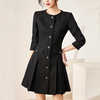 Осенне-зимние женские черно-белые платья, элегантное модное женское однотонное плиссированное платье с длинным рукавом, офисное женское платье трапециевидной формы, облегающее платье