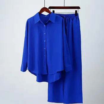 Женская рубашка и брючный костюм, шикарный комплект широких брюк, комплект из двух предметов, женская винтажная рубашка макси в стиле бохо, осенние повседневные свободные наряды для работы 2023 года.