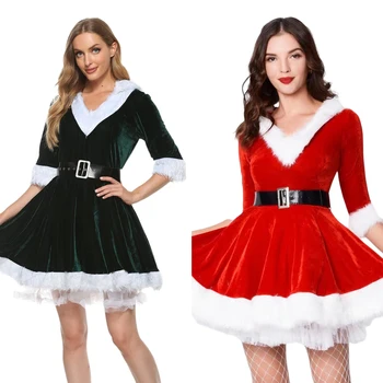 Рождественское платье, Бархатные короткие платья с поясом, толстовка с капюшоном, костюмы для косплея, одежда для вечеринок, женский наряд с V-образным вырезом