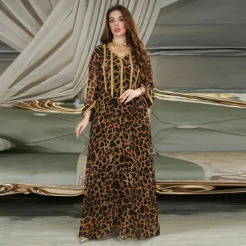 Женское ближневосточное мусульманское платье коричневого цвета с леопардовым принтом, турецкая индийская Абайя, арабские Исламские женщины, Марокканское платье из Крафтана