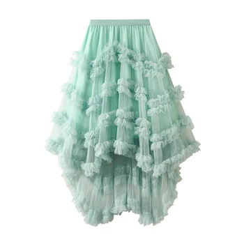 Нерегулярные оборки, лоскутная юбка из тюля с высокой талией, юбки-пачки из сетки ярких цветов для женщин 2023