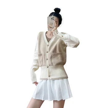 2023 Контрастный вязаный кардиган для женщин, осень и зима, Новая универсальная верхняя одежда в корейском стиле, свитер, пальто для женщин