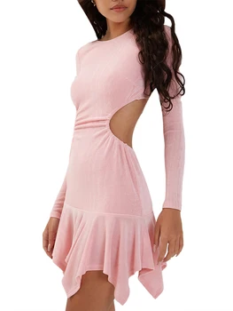Летнее платье с квадратным вырезом и длинным рукавом, женское элегантное облегающее платье свободного кроя, Однотонное Облегающее мини-платье