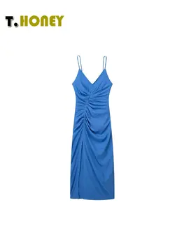 Женская мода TELLHONEY, V-образный вырез, молния сзади, складки на талии, платье-слинг, женские сексуальные платья без рукавов с высокой талией, облегающие синие платья