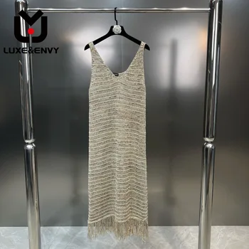 LUXE & ENVY LUXE & ENVY Лоскутное платье с кисточками, Повседневное Свободное платье без рукавов с V-образным вырезом, 2023 Летние Платья контрастных цветов, женские платья