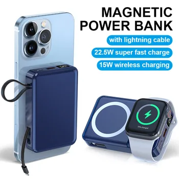 Новый Беспроводной Магнитный Power Bank Для iphone Watch 22,5 Вт Со встроенным кабелем Быстрой зарядки 10000 мАч powerbank Для iPhone 14/13/12 ProMax