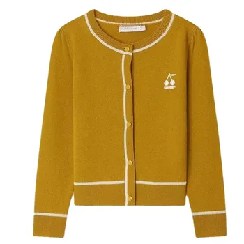 Новый осенне-зимний детский шерстяной свитер для девочек, кардиган с круглым вырезом и длинными рукавами