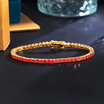 BeaQueen Круглый теннисный браслет-цепочка в оправе из красного кубического циркона цвета бразильского золота Популярная летняя бижутерия для женщин B266