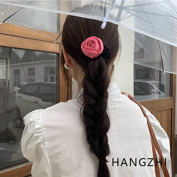 Французские кольца HANGZHI с элегантным романтическим цветком для волос Красочные тканевые пружинные зажимы с розами Нежные Сладкие Аксессуары для волос для женщин Новые