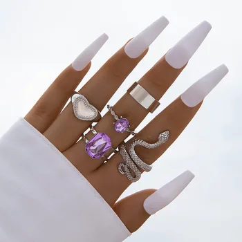 Модные женские зеленые Фиолетовые кольца со стразами, винтажный панк, серебряный цвет, бабочка, сердце, Змеиное кольцо на палец, вечерние повседневные украшения