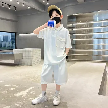 Модные комплекты одежды для мальчиков сине-белого цвета, футболки + шорты, Корейские крутые свободные наряды из двух частей для детей-подростков 5-14 лет