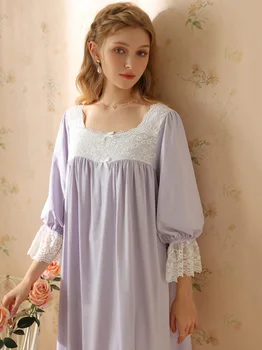 Французская винтажная пижамная ночная рубашка для женщин, свободная кружевная фея с квадратным вырезом, милая девушка, Весенне-осенние ночные рубашки принцессы Викторианской эпохи
