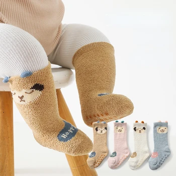Детские чулки зимние мультяшные коралловые бархатные теплые носки для пола для мальчиков и девочек, высокие носки-трубочки, противоскользящие носки для пола 0-18 месяцев