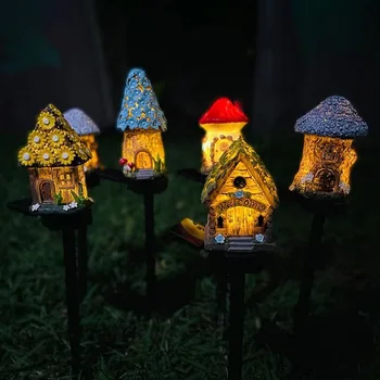 Светодиодный солнечный светильник для лужайки, миниатюрная Сказочная хижина, Солнечное наружное украшение, садовый светильник, Рождественские огни в хижине из смолы