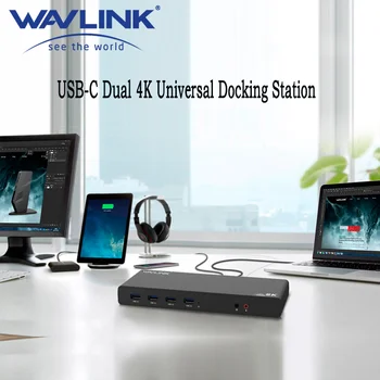 Wavlink USB C с двумя Мониторами 4K @ 60Hz Для ноутбуков Универсальная Док-станция Ultra HD Displaylink с чипсетом 2 × HDMI и DisplayPort