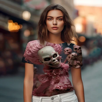 Летняя новая женская футболка с 3D-принтом черепа, женская футболка в готическом стиле, повседневная женская футболка, модный тренд, свободная женская футболка