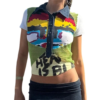 Укороченный топ с граффити 2023, женский воротник с лацканами 2000-х, однобортная футболка с коротким рукавом, открытая одежда Y2k, уличная одежда