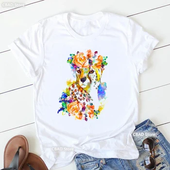 Акварельная футболка с цветочным принтом леопарда/Единорога/свиньи Для девочек, летние модные топы, футболка, женская рубашка в стиле харадзюку, одежда в стиле каваи