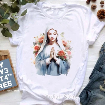 Акварельная футболка с цветочным принтом Lady Of Guadalupe, женские летние модные топы, футболка Femme Faith, белая футболка, женская
