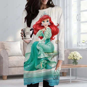 Винтажный топ Disney Mermaid Princess, женская свободная повседневная рубашка с круглым вырезом, осеннее платье-футболка с длинным рукавом неправильной формы