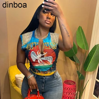 Dinboa C0238 2022, Новая осенняя женская футболка с уличным модным принтом и кисточками, без рукавов, с узлом.