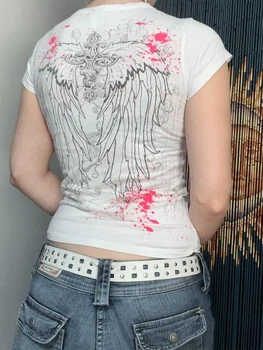 Женские топы в стиле панк с принтом крыльев Феи Гранж, Приталенная рубашка с коротким рукавом, готическая уличная одежда