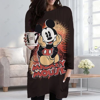 Осенний женский повседневный пуловер с круглым вырезом, Модная свободная футболка с принтом Disney Minnie Mickey Mouse, топ с длинным рукавом