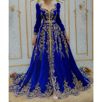 Королевский синий Марокканский Кафтан, Мусульманские вечерние платья Трапециевидной формы с длинными рукавами, аппликации, Дубайский Арабский Турецкий Кафтан, Абайя, Исламское платье