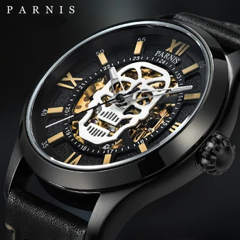 Мужские часы Parnis 43 мм с дизайном черного скелета и черепа, водонепроницаемые 50-метровые светящиеся механические часы с автоподзаводом и подарочной коробкой
