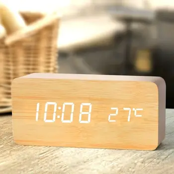 Деревянный цифровой будильник, светодиодный будильник с температурой, настольные часы для офиса, прикроватные часы